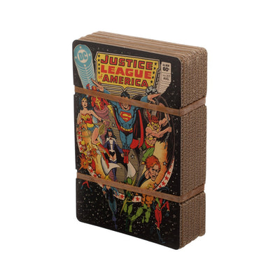 DC COMICS JUSTICE LEAGUE BOOK COVER GRAPHIC T-SHIRT W/ PRINTED BOX CASING