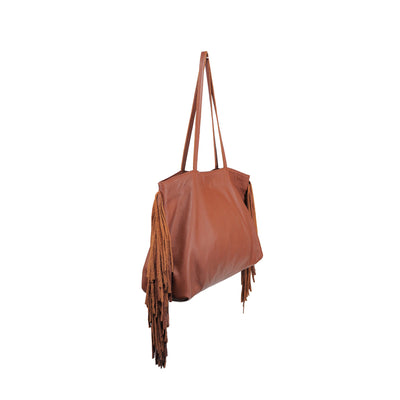 POSITIVE ELEMENTS LEATHER DEL FRINGE TOTE IN BROWN