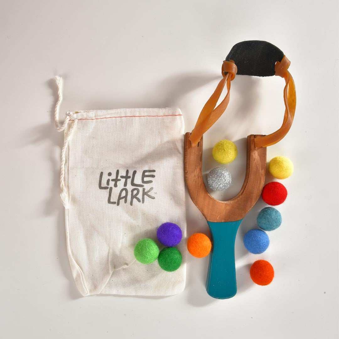 Mighty Fun! Mischief Maker Wooden Slingshot Racing Series - Blue Kids Slingshot With 4 Foam Balls & Storage Bag